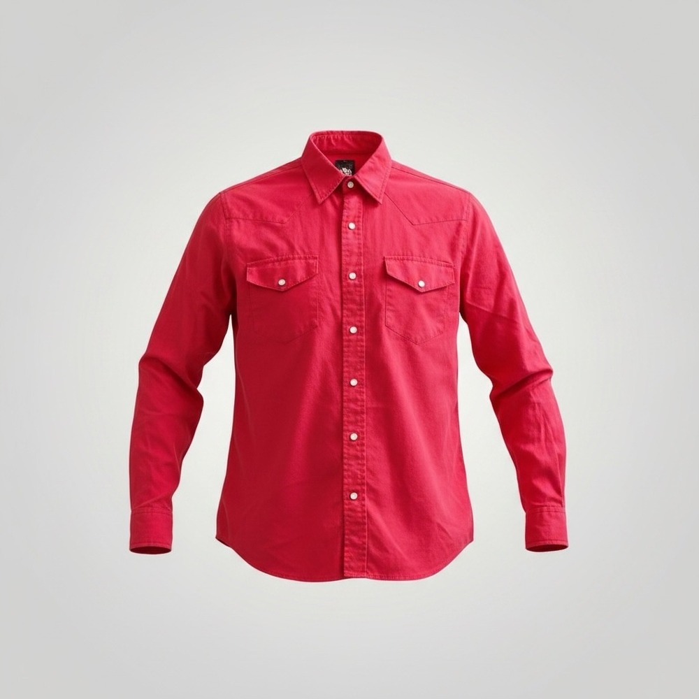 Karman Vintage Western Pearl Snap Shirt Mens Large Red Yoke Pocket Rockabilly